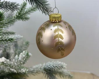 Set of 8 Peachy Pink Bulbs with with Gold Leaf Motif, 8 Glass Peachy Pink Glass Christmas Bulbs, Fancy Glass Christmas Bulbs