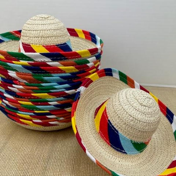 Set of 3 Mini Sombrero Hats for Decor, Sombrero Hat with Rainbow Serape Banding and Edging, Mexican Sombrero Hats for Decor/Party, Mexican