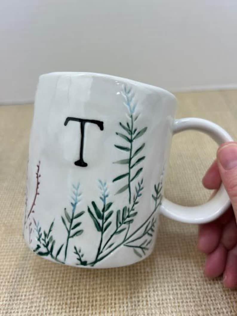 OOS Dagny Monogram Mugs from Anthropologie, Dagny Initial M Mug, Dagny Initial T Mug, Dagny Floral Monogram Mugs, AnthroHome, Anthropologie Initial T