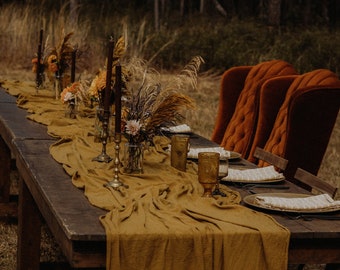 Vintage Gold Hand Dyed Table Runner, Rustic Wedding Decor, Fall Wedding