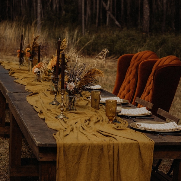 Vintage Gold Hand Dyed Table Runner, Rustic Wedding Decor, Fall Wedding