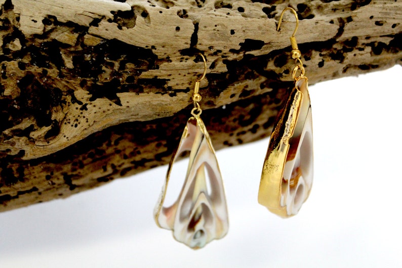 Vintage, Natural Sea Shell Earring with 24K Gold Plated Edge image 1