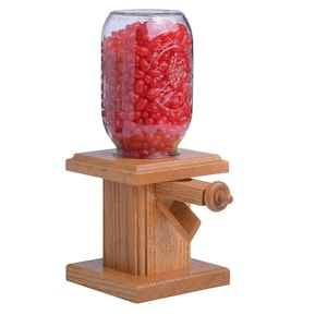 Handcrafted Amish Wooden Candy Dispenser Glass Jar Solid Oak Wood M&M&#39;s, Peanuts, Reese&#39;s Pieces, Skittles, Jelly Beans, Runts