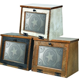Rustic Wood Bread Box Large Kitchen Counter Storage Punched Star Tin Primitive décor Interior Shelf Wooden Country Farmhouse Amish Valley