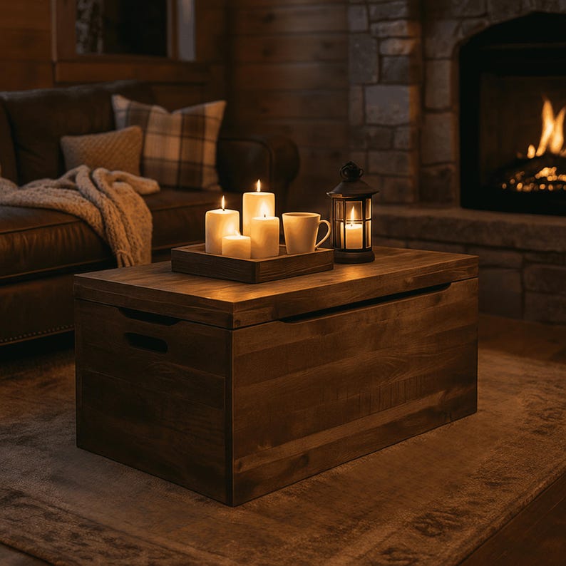 May include: A dark brown wooden coffee table with a rectangular shape. On top, a wooden tray holds four lit candles and a white mug. A black lantern with a lit candle sits nearby. The scene is set in a cozy living room.