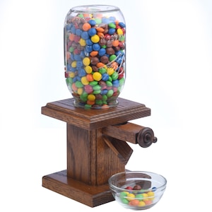 Handcrafted Amish Wooden Candy Dispenser Glass Jar Solid Oak Wood M&M&#39;s, Peanuts, Reese&#39;s Pieces, Skittles, Jelly Beans, Runts