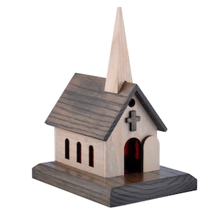 Amish Handcrafted Wood Church Music Box Solid Oak, Two-Toned Wood Choice of &quot; Amazing Grace, How Great Thou Art or Little Brown Church&quot;
