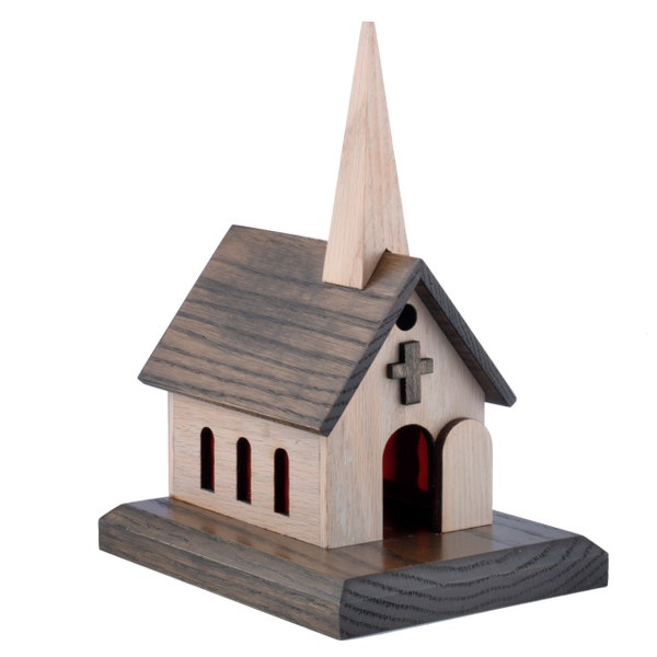 Amish Handcrafted Wood Church Music Box Solid Oak, Two-Toned Wood Choice of " Amazing Grace, How Great Thou Art or Little Brown Church"