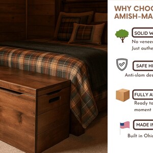 May include: A solid wood Amish-made chest in a bedroom setting. The chest is a rich brown color with a rectangular shape and integrated handles. The text on the right says "Solid Wood Only", "Safe Hinges", "Fully Assembled", and "Made in the USA".