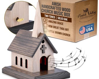 Amish Handcrafted Wood Church Music Box Solid Oak, Two-Toned Wood Choice of " Amazing Grace, How Great Thou Art or Little Brown Church"