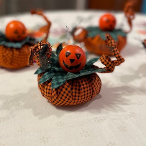 Roly-Poly Pumpkins Hand Painted Wooden Head Curly Wires Polyester-Stuffed Body Stiffened Collar and Spiders
