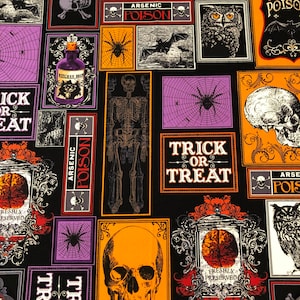 Kanvas Spooktacular II Creep Show C6374 by Maria Kalinowski 100% Cotton Fabric, Potions, Skulls, Brains, Spiders, BTY