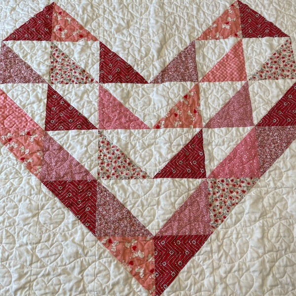 Aunt Grace Valentine's 1930's Reproduction Heart with Fly Geese Borders Baby Quilt Handmade 100% Cotton Fabric