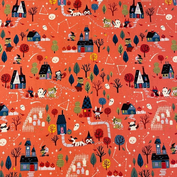 Tiny Treaters Main Orange C10480 Halloween Houses 1 yard 4.5-inches Jill Howarth for Riley Blake Designs Quilting Apparel Cotton Fabric