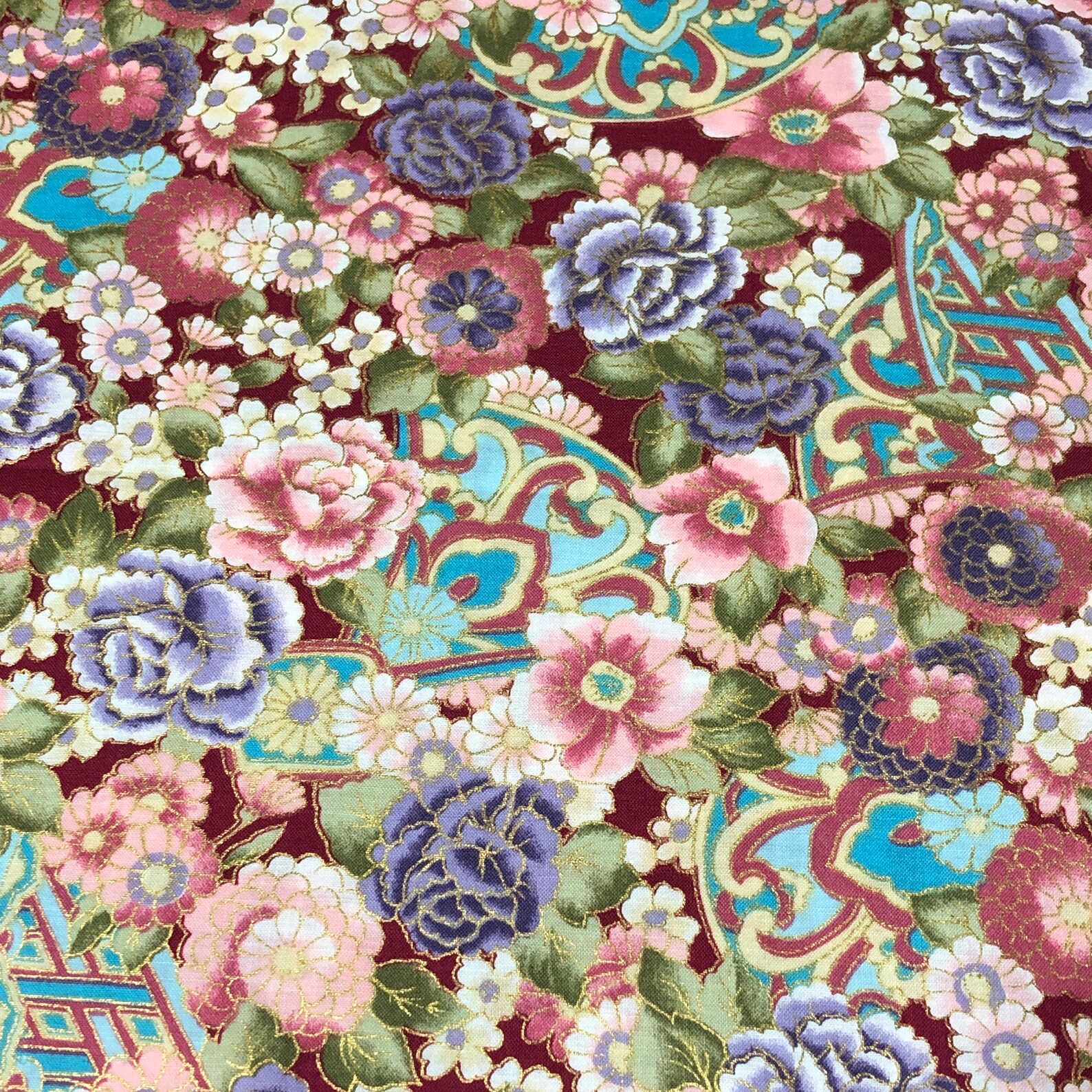 Hi Fashion Fabrics, Inc. Purple and Pink Flowers With Gold Metallic 100