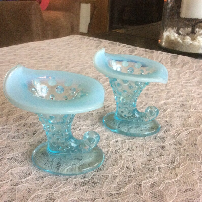 Fenton Blue Opalescent Candle Holders Etsy