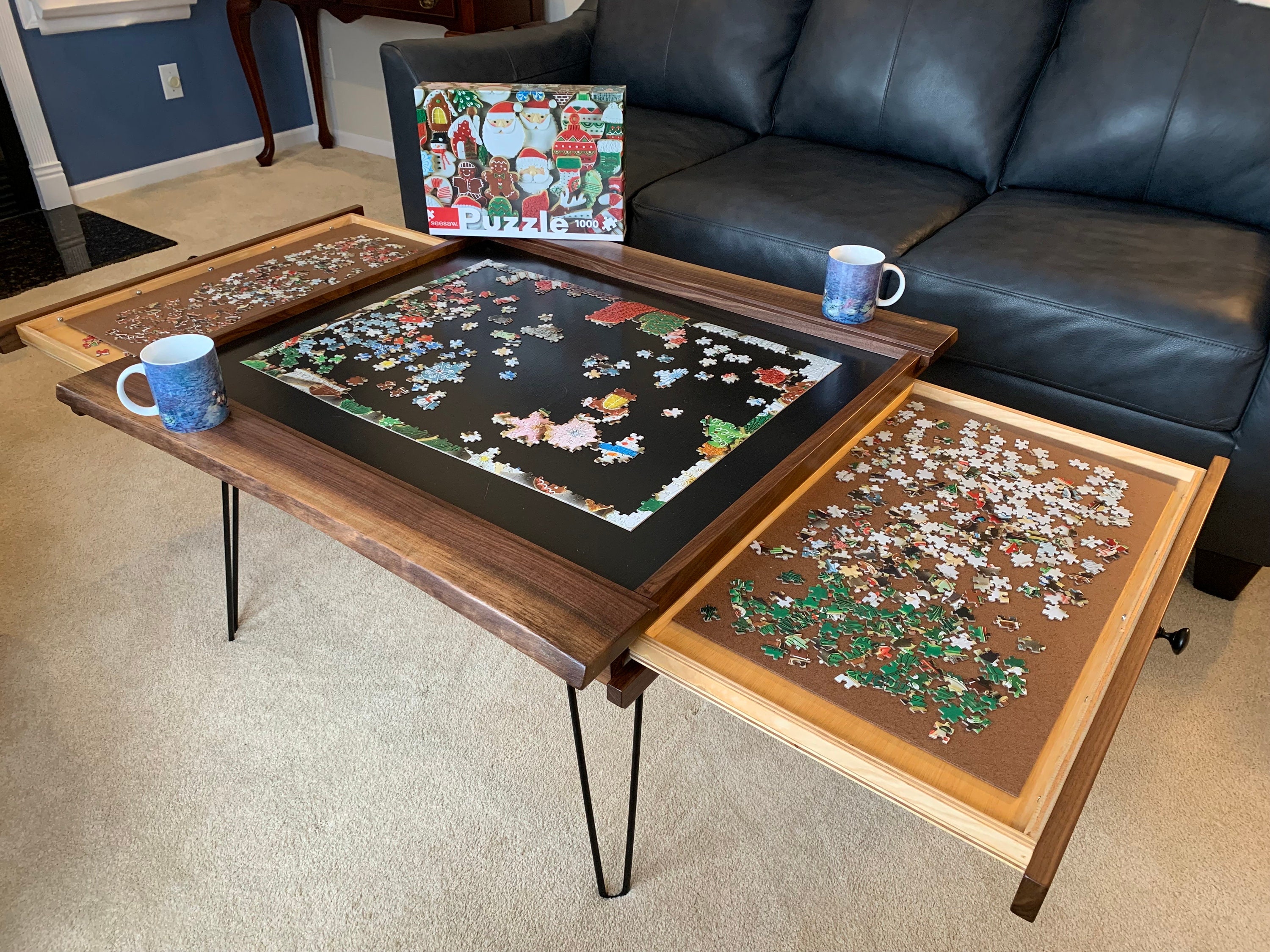 Jigsaw Puzzle Table With Custom Walnut Live Edge. Solid Wood Furniture With  Removable Tempered Glass Top. Hairpin Leg and 2 Drawers. 