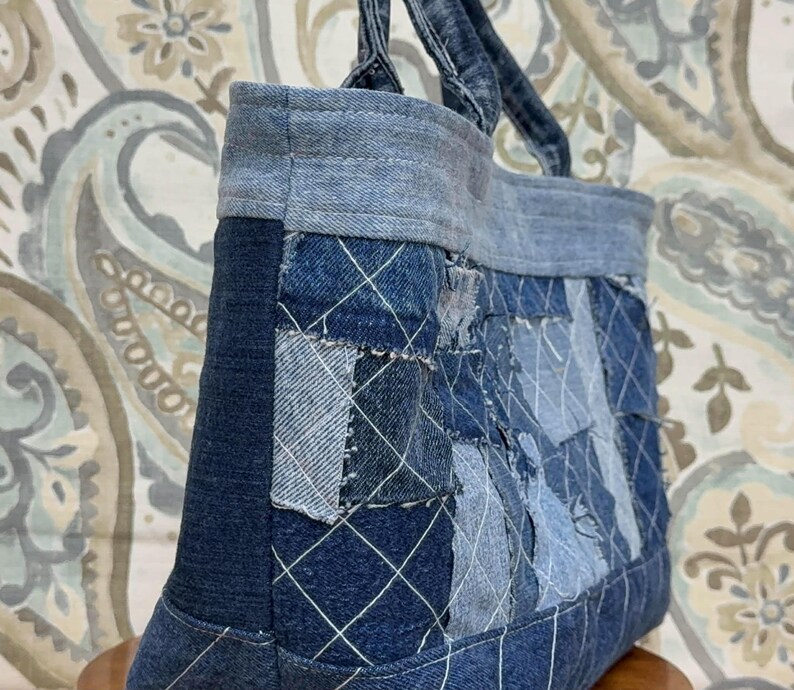 Upcycled Denim Tote Bag | Quilted Patchwork Jean Purse | Handmade ...