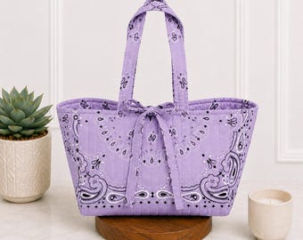 Lavendar Bandana Tote Bag, Quilted Tote, Handmade Shoulder Bag, Boho Paisley Bag, Everyday Tote, Fabric Handbag