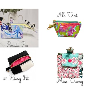 May include: Four small fabric pouches: Puddie Pie with blue and purple swirls, All Chat with a green and pink floral pattern, Hissy Fit in black and white with a pink interior, and Miss Chang featuring a teal and pink floral print with a snap.