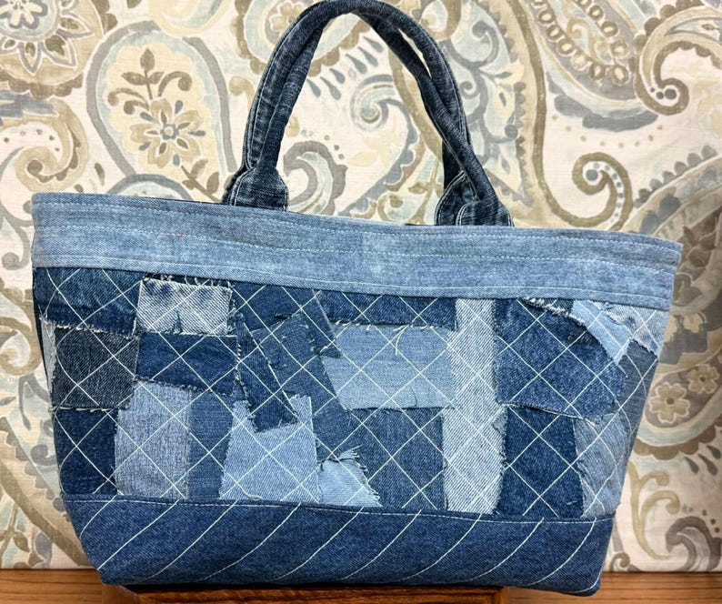 Upcycled Denim Tote Bag | Quilted Patchwork Jean Purse | Handmade ...