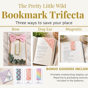 May include: The Pretty Little Wild Bookmark Trifecta includes a pink bow paperclip, a floral fabric corner dog ear bookmark, and a rectangular magnetic bookmark. The set features various patterned bookmarks and printable display cards for organization.