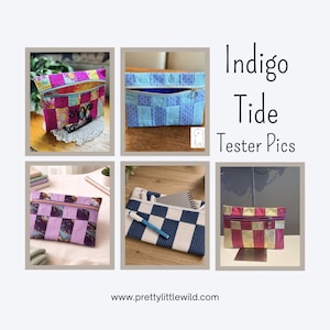 May include: A collage of six images showcasing various quilted zipper pouches. The pouches feature a patchwork design in shades of pink, blue, and purple. The text "Indigo Tide Tester Pics" and a website address are also visible.