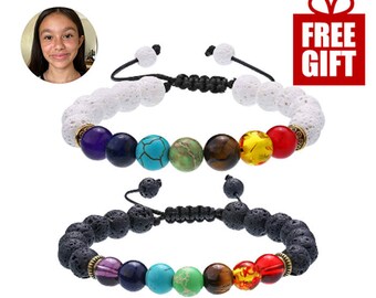 7 Chakra Healing Bracelet with Volcanic Lava, Mala Bracelet Meditation Bracelet - Protection, Energy, Healing- Multiple Sizes and Styles