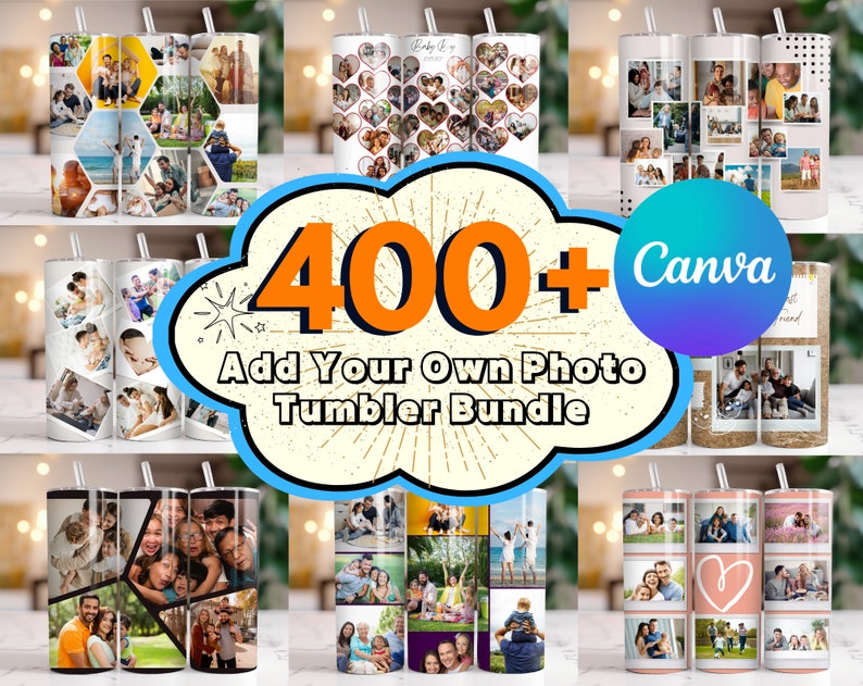 400 Add Your Own Photo Tumbler Wrap Bundle, Own Photo Collage, 20 oz Add Your Photo Sublimation, Canva Editable, Photo Self Editable Wrap. zdjęcie 1