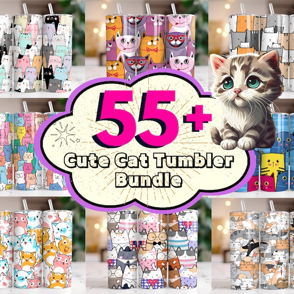 55+ Cute Cat Tumbler Wrap Bundle, Cute Cat Tumbler, 20 oz Cat Sublimation, Cat Lovers Tumbler, Cute Cat PNG, Cat Design, Cat Wrap,Commercial