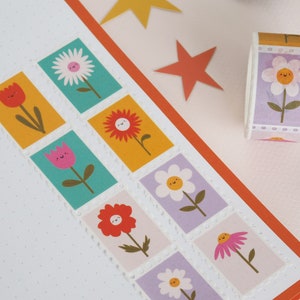 Cinta washi perforada con sellos postales de flores