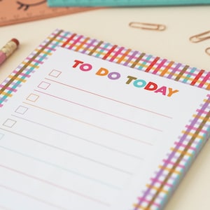 May include: A colorful notepad with a plaid border and the words "TO DO TODAY" in bright letters. The notepad has a list of checkboxes and lines for writing. The design is cheerful and suitable for organizing daily tasks.