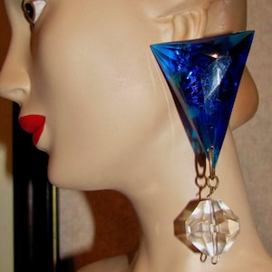 Vintage Art Deco Large Chunky 3 1/2&quot; Cobalt Blue & Clear Faceted LUCITE Dangle Drop Clip Earrings Retro 40&#39;s Women&#39;s Estate Art Deco Jewelry