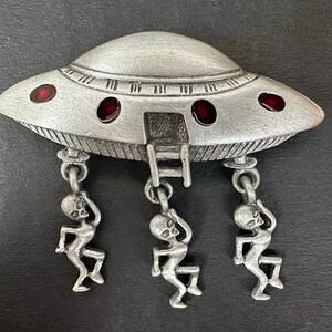 Rare Signed JJ JONETTE Pewter Tone Dangling Aliens Spaceship UFO