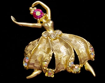 Vintage BOUCHER Style Ballerina Dancer Brooch Pin Parquet Gold Tone Aurora Borealis Clear Rhinestones Pot Metal Estate 40s Costume Jewelry