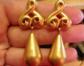 Vintage GIVENCHY Signed Art Deco Satin Gold Tone Door Knocker Dangle Drop Clip Earrings Women's High Fashion Costume Jewelry Runway Couture