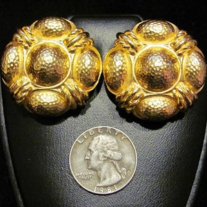 Vintage CHRISTIAN DIOR Signed Large Etruscan Style Textured Gold Tone Statement Clip Earrings Runway Couture Rare Designer Women&#39;s Jewelry