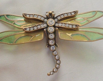 Beautiful 3" KJL KENNETH LANE Signed Plique A Jour Dragonfly Rhinestone Butterfly Insect Brooch Pin High End Womens Designer Costume Jewelry