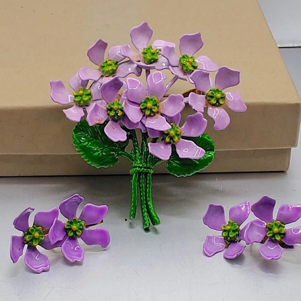 Antique Suffragette Purple & Green Enameled Flowers Violets Demi Parure Jewelry Set Vintage Earrings Brooch Pin Women's Rights Movement VGC