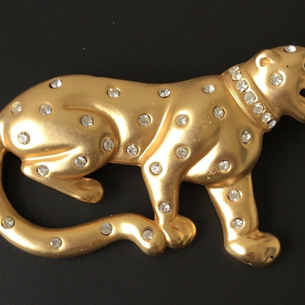 Vintage Matte Gold Tone and Pave Rhinestones Leopard Big Cat Pins Brooches Duchess Of Windsor Style Unsigned Beauty 80s Costume Jewelry