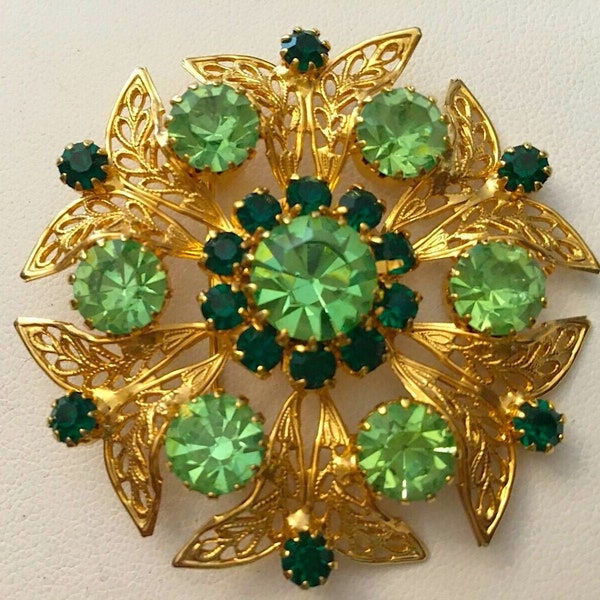 Vintage Signed Celebrity NY Designer Signed Gold Plated & Emerald Green Crystal Brooch Pin Retro Rhinestone Women's Costume Jewelry Gift