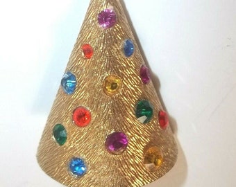 Rare HTF COROCRAFT Signed Pat Pend Vintage Gold Tone Christmas Tree Brooch Pin Light Up Battery Operated Book Piece Holiday Seasonal Jewelry