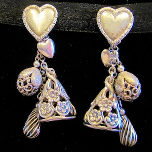 Vintage NAPIER 3&quot; Sterling Silver 925 Dangle Heart Clip Earrings Art Nouveau Charms Fobs Mid Century Estate Women&#39;s Designer Jewelry VGC