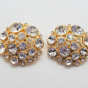 Vintage BLANCA 80s Runway Couture Large Designer Signed Bezel Set Clear Crystal Gold Plated Clip Earrings Womens High-End Vintage Jewelry EC