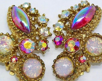 Stunning Juliana D&E SCHREINER Glass Opal Dragon's Breath Jelly Stone Aurora Borealis Earrings Women's Vintage High-End Costume Jewelry