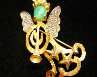 Rare BENEDIKT NY Signed 50s Angel Brooch Jade Peking Glass Clear Crystal Rhinestones 18K Yellow Gold Plated Holiday Christmas Pin Jewelry