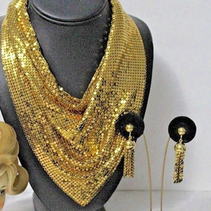 Vtg WHITING DAVIS Signed Gold Mesh Oromesh Magnificent Bib Necklace & Matching Tassel Dangle Drop Clip Earrings Women&#39;s Designer Jewelry Set