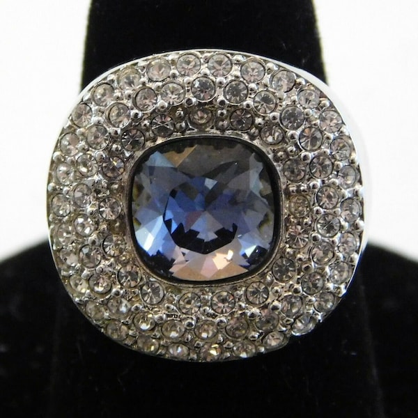 Vintage Henkel Grosse for CHRISTIAN DIOR Platinum Plated Clear Pave & Sapphire Crystal Center Stone Designer Cocktail Ring Size 6 Women's