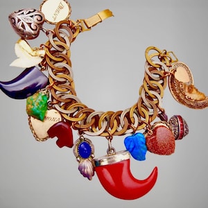 Vtg Kenneth Lane KJL (uns) Genuine Stones Sterling Silver & Brass 13 Charm Bracelet Turquoise Coral Moonstone Onyx Shells Lapis Bone Jewelry