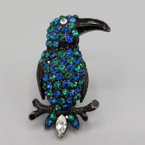 Vintage SAMSAN SA 1950s Blue Green Pave Rhinestones Japanned Metal Black Bird Figural Brooch Pin Unisex Costume Jewelry Womens Mothers Gift
